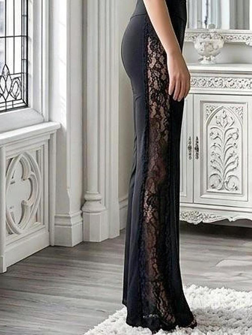 Gothic Black High Waist Flare Pants Side Lace Panel See Through Trousers Vintage
